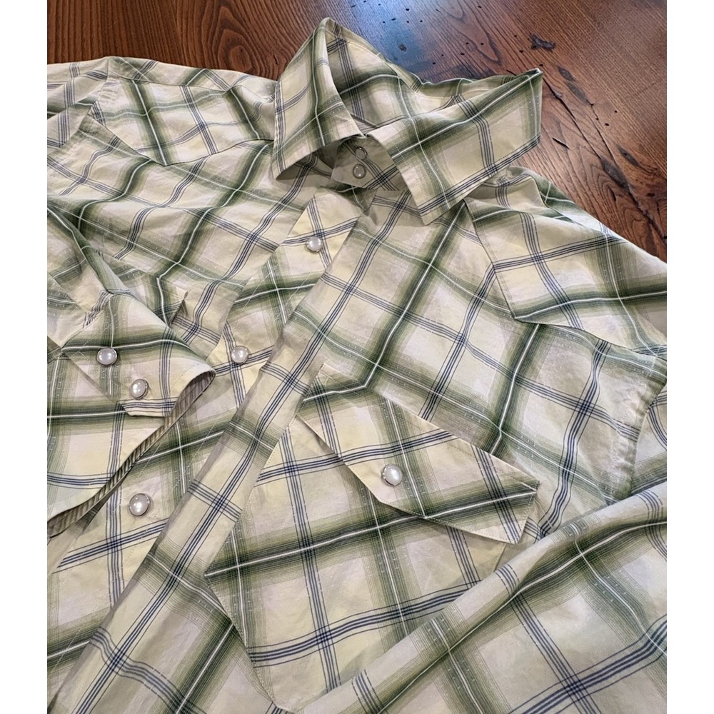 Banana Republic Men's Western Shirt Green Plaid Pearl Snap XL